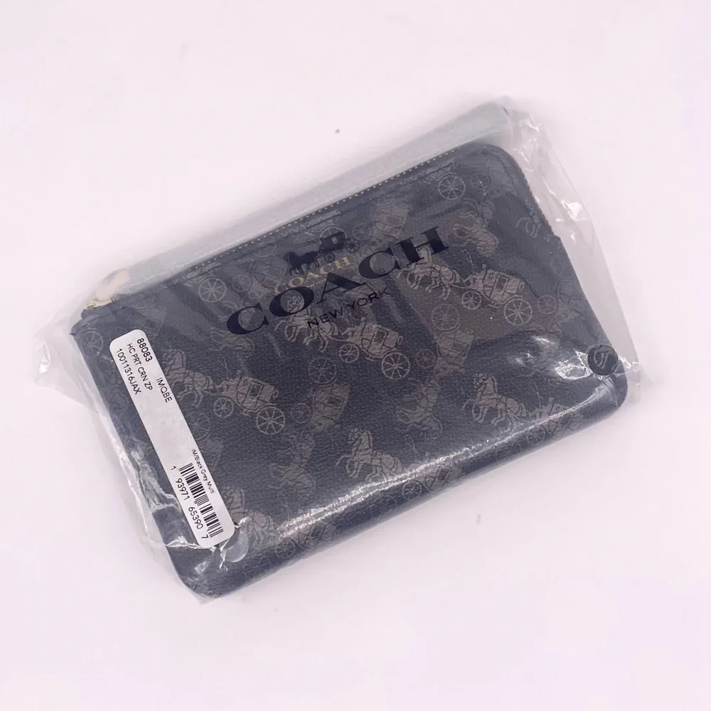 Coach Corner Zip Wristlet Wallet with Horse & Carriage Print Black Grey